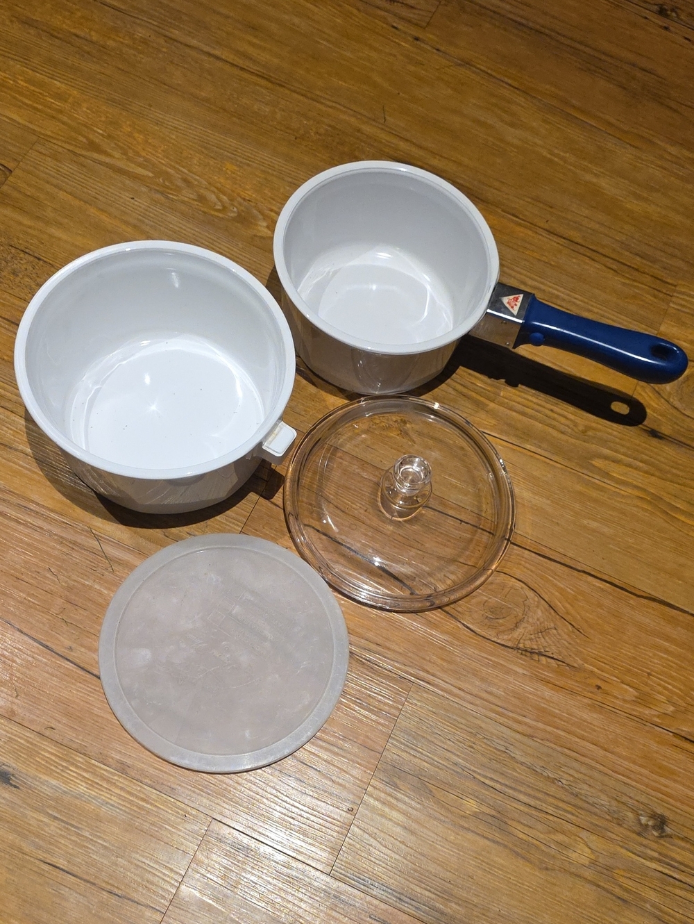 Princess House White Ceramic Saucepan Set with Blue Handle 1.5 & 2 Quart